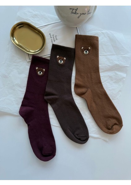 Ayı Tedy Nakışlı Sevimli Yazlık Kışlık 3 Renk Unisex 3 Çift Soket Çorap Seti