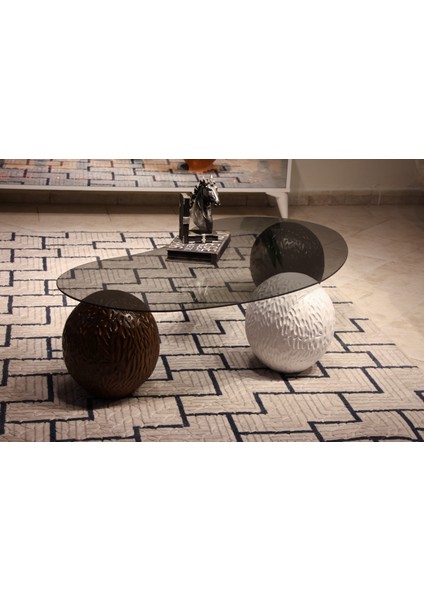 Modern Orta Sehpa & Top Sehpa Cam Sehpa & Küre Orta Sehpa - Dragon (Siyah-Beyaz-Ceviz) - Fasulye - Füme Cam