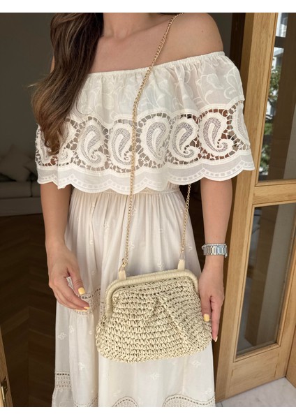 Hasır Clutch Çanta Bej