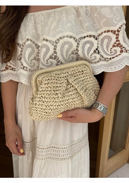 Hasır Clutch Çanta Bej modelleri