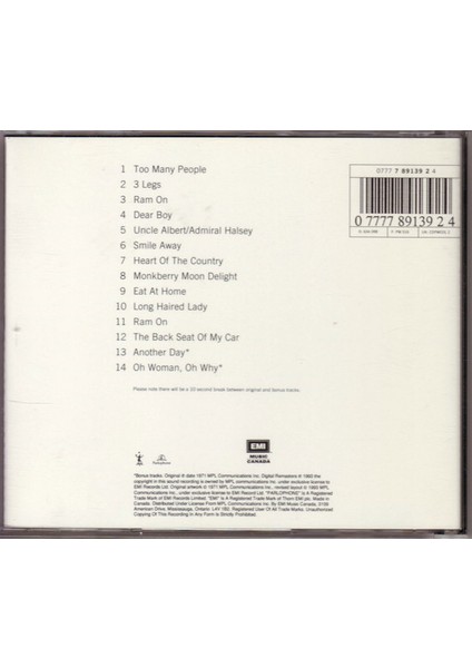 Dikkat CD Paul & Linda Mccartney – Ram