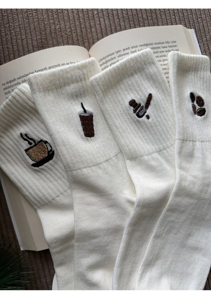 Kahve Seti Minimal Nakışlı Yazlık Kışlık Unisex 4 Çift Beyaz Soket Çorap Seti