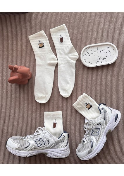 Minimal Sevimli Fincan Kahve Latte ve Bardak Nakışlı Unisex 2 Çift Çorap Seti