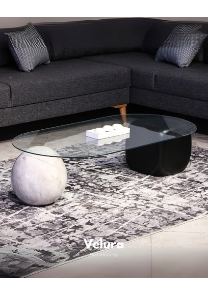 Modern Orta Sehpa & Top Sehpa Cam Sehpa & Küre Orta Sehpa - 1 Pleksi Top & 1 Siyah Zar - Oval - Şeffaf Cam