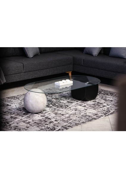 Modern Orta Sehpa & Top Sehpa Cam Sehpa & Küre Orta Sehpa - 1 Pleksi Top & 1 Siyah Zar - Oval - Şeffaf Cam modelleri