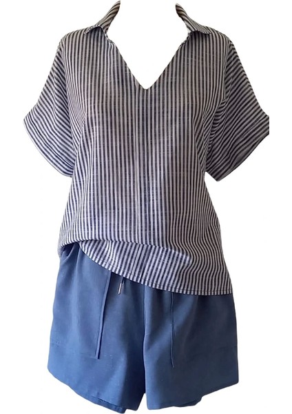 Mirabel Indigo Keten Şortlu Çizgili Takım