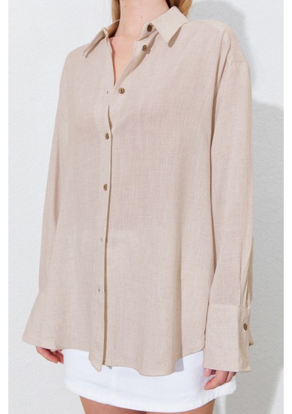 Kadın Naturel Oversize Keten Gömlek