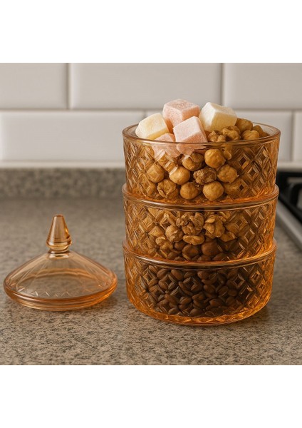 3 Katlı Cam Kapaklı Sunum & Saklama Kase Seti Amber 1500 ml modelleri