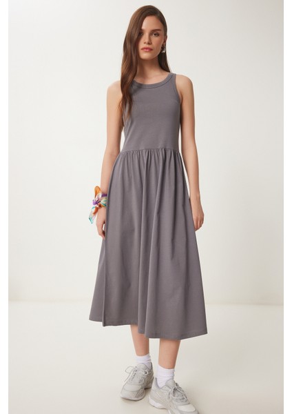 Halter Yaka Basic Yazlık Örme Elbise Gri LCR0053