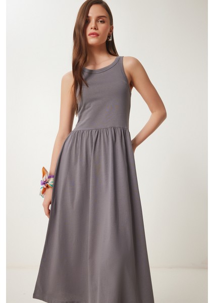 Halter Yaka Basic Yazlık Örme Elbise Gri LCR0053