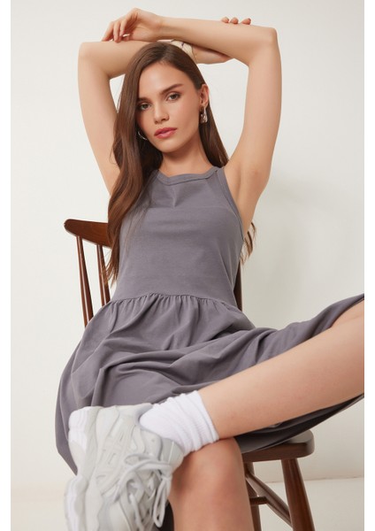 Halter Yaka Basic Yazlık Örme Elbise Gri LCR0053