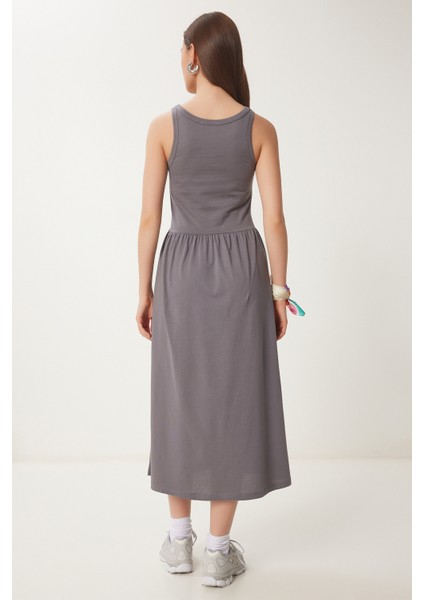 Halter Yaka Basic Yazlık Örme Elbise Gri LCR0053