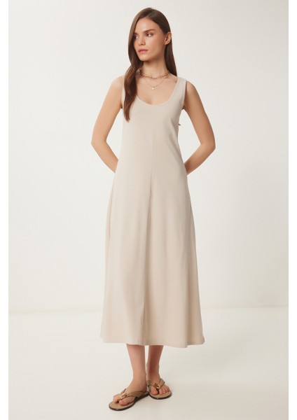 Kolsuz Basic Yazlık Örme Elbise Krem LCR0057