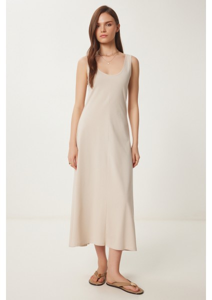 Kolsuz Basic Yazlık Örme Elbise Krem LCR0057