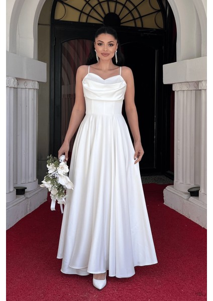 Saten Kumaş Balen Detaylı Degaje Yaka Elbise - Beyaz