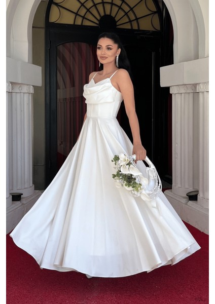 Saten Kumaş Balen Detaylı Degaje Yaka Elbise - Beyaz fiyatları