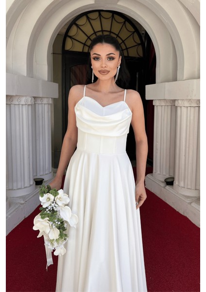 Saten Kumaş Balen Detaylı Degaje Yaka Elbise - Beyaz modelleri