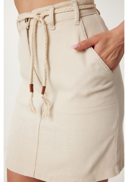 Kuşaklı Mini Keten Etek Krem LMX0077 fırsatları