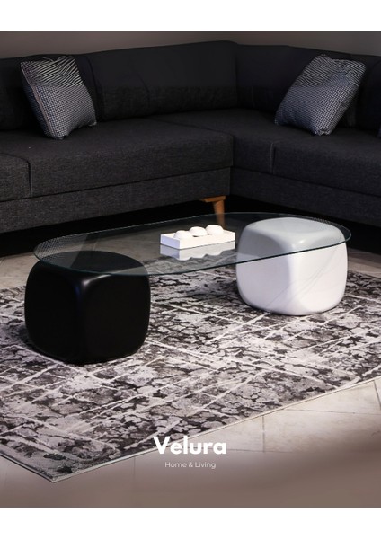 Modern Orta Sehpa & Top Sehpa Cam Sehpa & Küre Orta Sehpa - 1 Siyah Zar & 1 Beyaz Zar - Oval - Şeffaf Cam