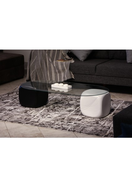Modern Orta Sehpa & Top Sehpa Cam Sehpa & Küre Orta Sehpa - 1 Siyah Zar & 1 Beyaz Zar - Oval - Şeffaf Cam modelleri