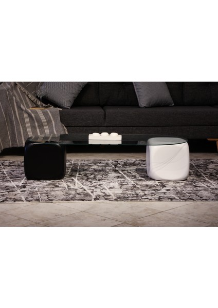 Modern Orta Sehpa & Top Sehpa Cam Sehpa & Küre Orta Sehpa - 1 Siyah Zar & 1 Beyaz Zar - Oval - Şeffaf Cam