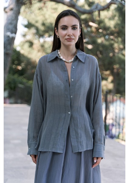 Calynn Sırt Dekolteli Çizgili Füme Keten Gömlek fırsatları