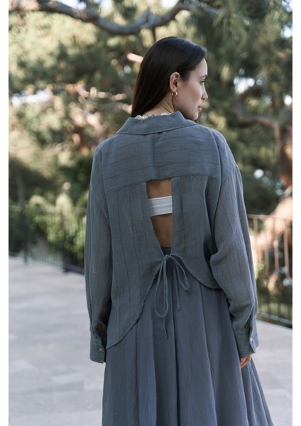 Calynn Sırt Dekolteli Çizgili Füme Keten Gömlek indirimleri