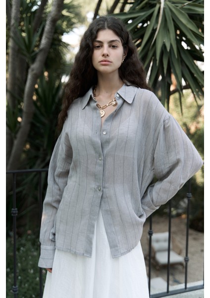 Calynn Sırt Dekolteli Çizgili Vizon Keten Gömlek fiyatları