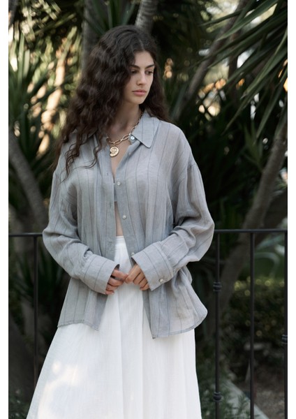 Calynn Sırt Dekolteli Çizgili Vizon Keten Gömlek modelleri