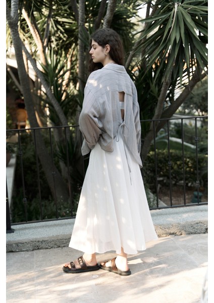 Calynn Sırt Dekolteli Çizgili Vizon Keten Gömlek fırsatları