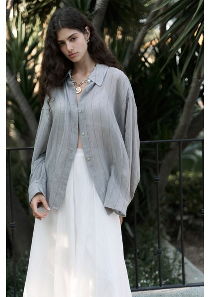 Calynn Sırt Dekolteli Çizgili Vizon Keten Gömlek indirimleri