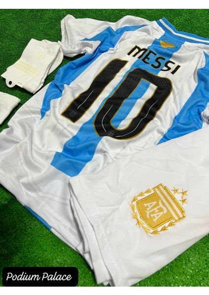 Messi Arjantin E.ur.o 2025 New Sezon Çocuk Forması 4'lü Set Şort Çorap ve Bileklik Hediyeli(Mavi Beyaz)