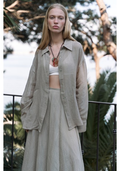 Calynn Sırt Dekolteli Çizgili Haki Keten Gömlek fiyatları