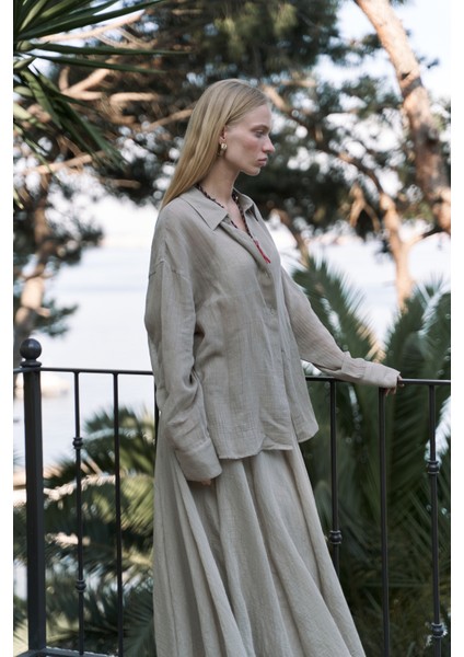 Calynn Sırt Dekolteli Çizgili Haki Keten Gömlek modelleri