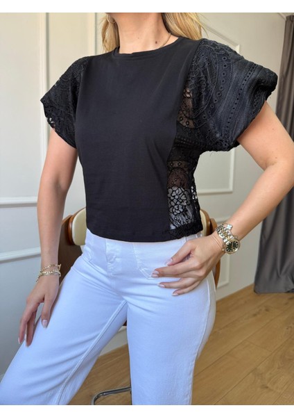 Siyah Kol Dantel Detaylı Bluz indirimleri