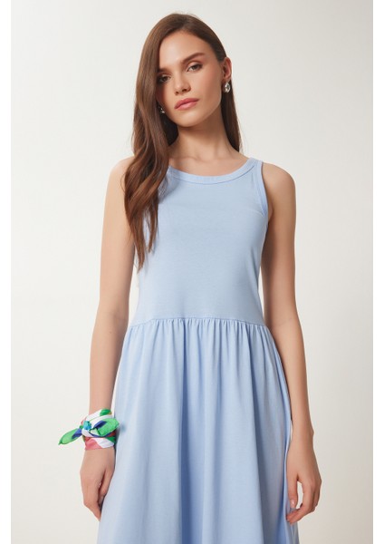 Halter Yaka Basic Yazlık Örme Elbise Gök Mavi LCR0053