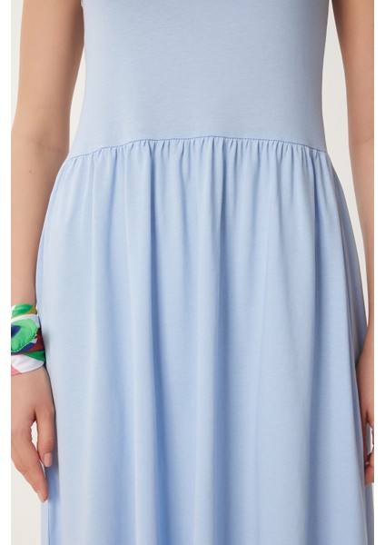 Halter Yaka Basic Yazlık Örme Elbise Gök Mavi LCR0053