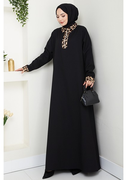 Leopar Detaylı Yarım Fermuarlı Elbise 1564 - Siyah