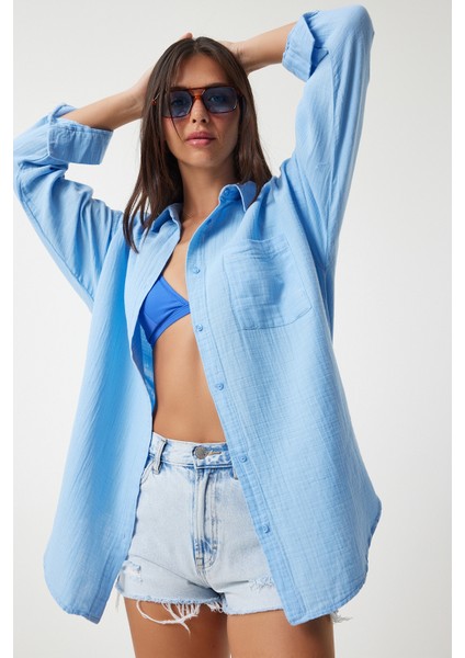 Oversize Basic Müslin Gömlek Gök Mavi LMX0002