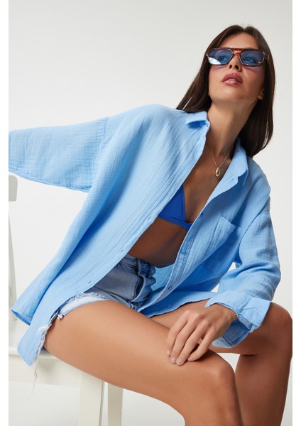 Oversize Basic Müslin Gömlek Gök Mavi LMX0002 fiyatları