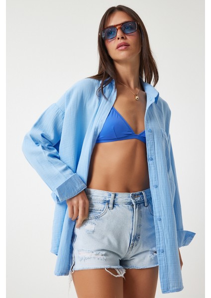 Oversize Basic Müslin Gömlek Gök Mavi LMX0002 fırsatları