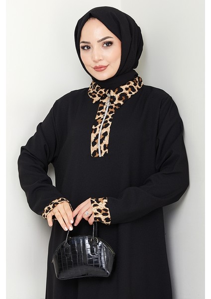 Leopar Detaylı Yarım Fermuarlı Elbise 1564 - Siyah