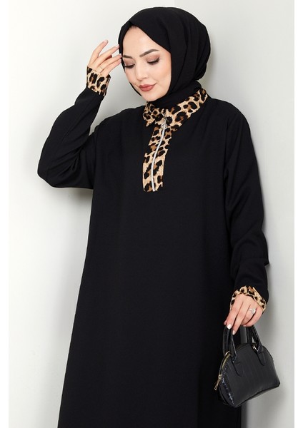 Leopar Detaylı Yarım Fermuarlı Elbise 1564 - Siyah