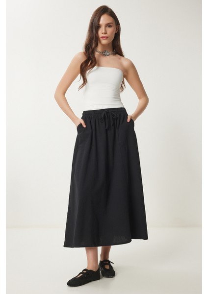 Soluk Efektli Kloş Denim Etek Siyah LMX0074