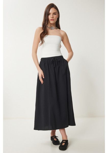 Soluk Efektli Kloş Denim Etek Siyah LMX0074