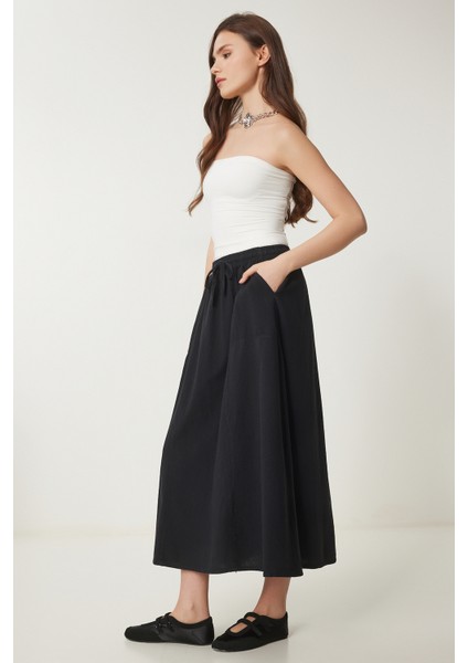 Soluk Efektli Kloş Denim Etek Siyah LMX0074