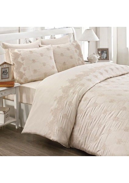 Iris Işlemeli Pamuk Saten Çift Kişilik 6 Parça Nevresim Takımı