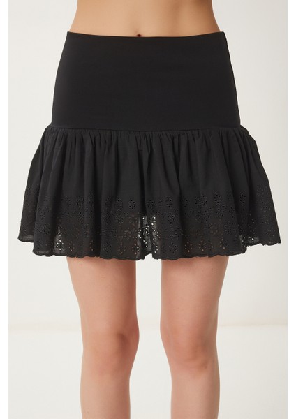 Fistolu Örme Mini Şort Etek Siyah LNJ0024