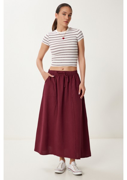 Soluk Efektli Kloş Denim Etek Bordo LMX0074