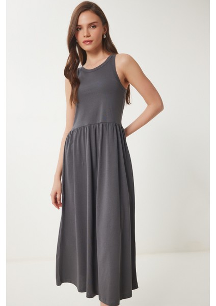 Halter Yaka Basic Yazlık Örme Elbise Antrasit LCR0053